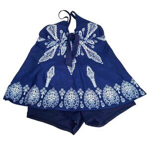 Womens Navy Blue Paisley Halter Tankini Set With Shorts Medium Stretchy